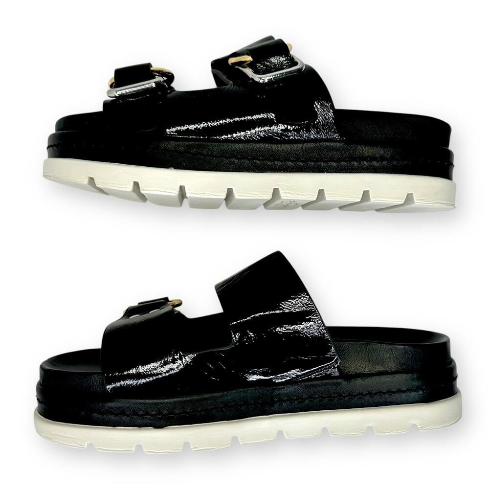 J Slides Baha Leather Double Buckle Slide Sandals US 7.5 Black Patent Platform - Picture 7 of 13